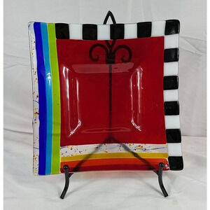 Studio Art Glass Vintage Plate Decorative Black White Red Square Child's
